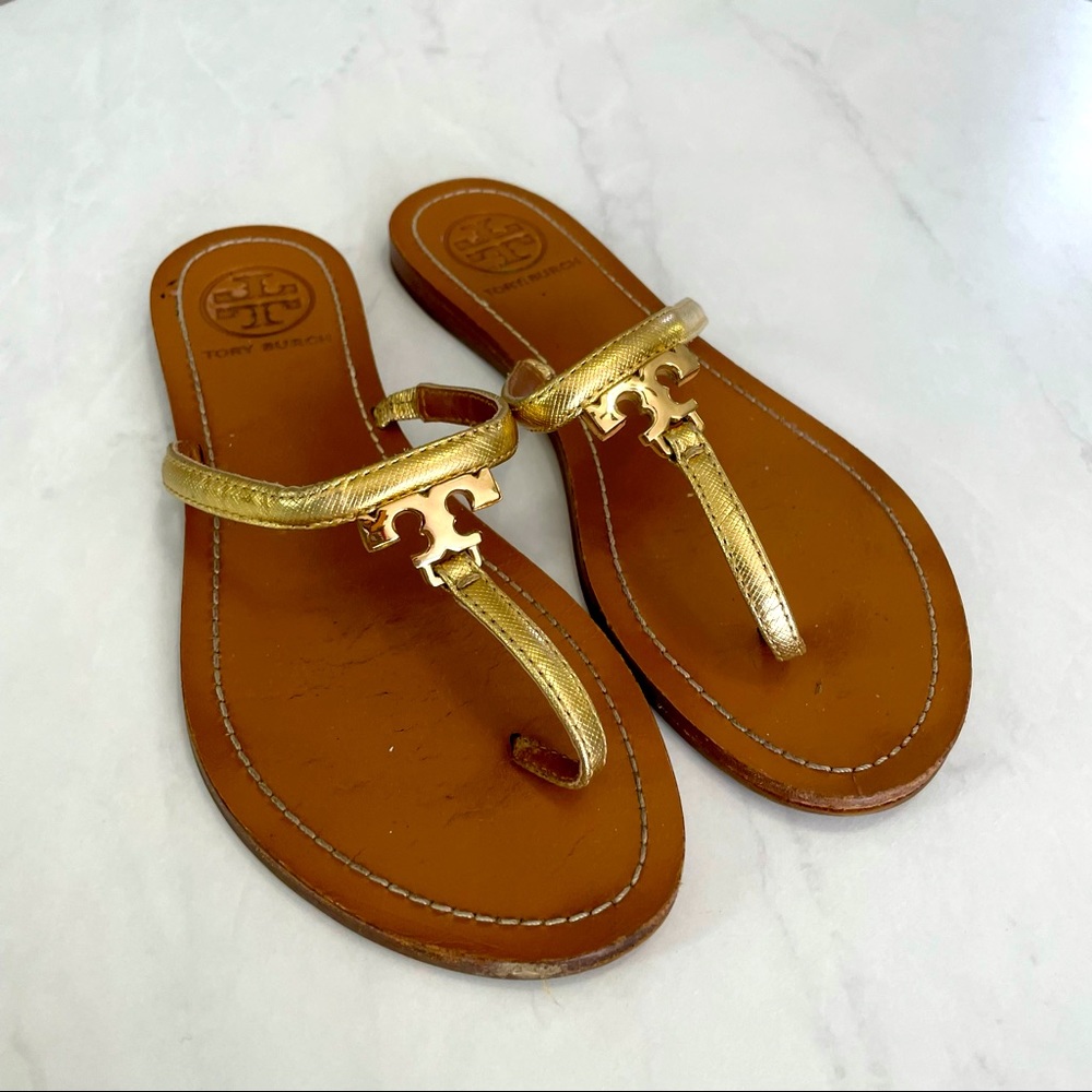 Tory Burch Gold T Logo Flat Sandals